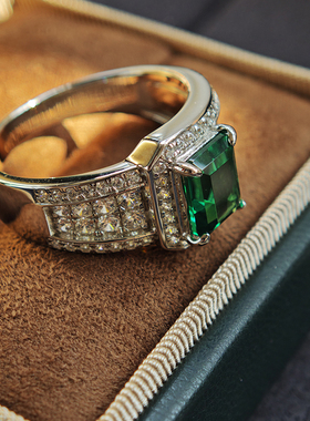 925纯银镀金镶嵌绿宝石戒指男