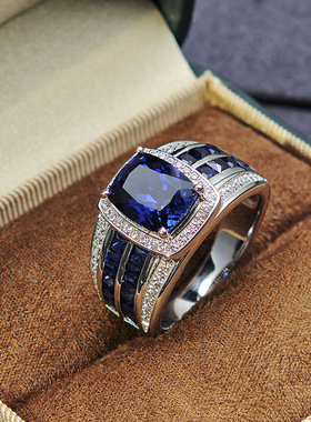 原创设计925纯银镀金蓝宝石戒指男款时尚潮高级定做18K金镶嵌宝石