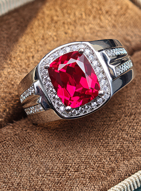 时尚红宝石戒指男士银饰银镀金镶嵌宝石饰品轻奢精致定做白金刻字