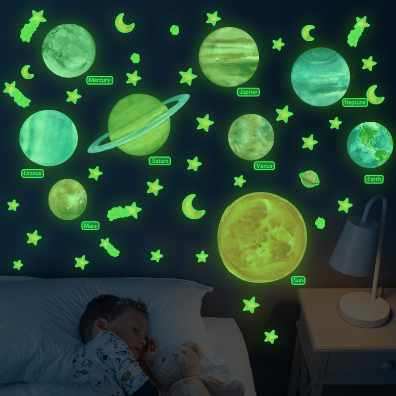 儿童天花板棚顶星球星空顶夜光发光荧光墙贴纸壁纸星星月亮装饰花