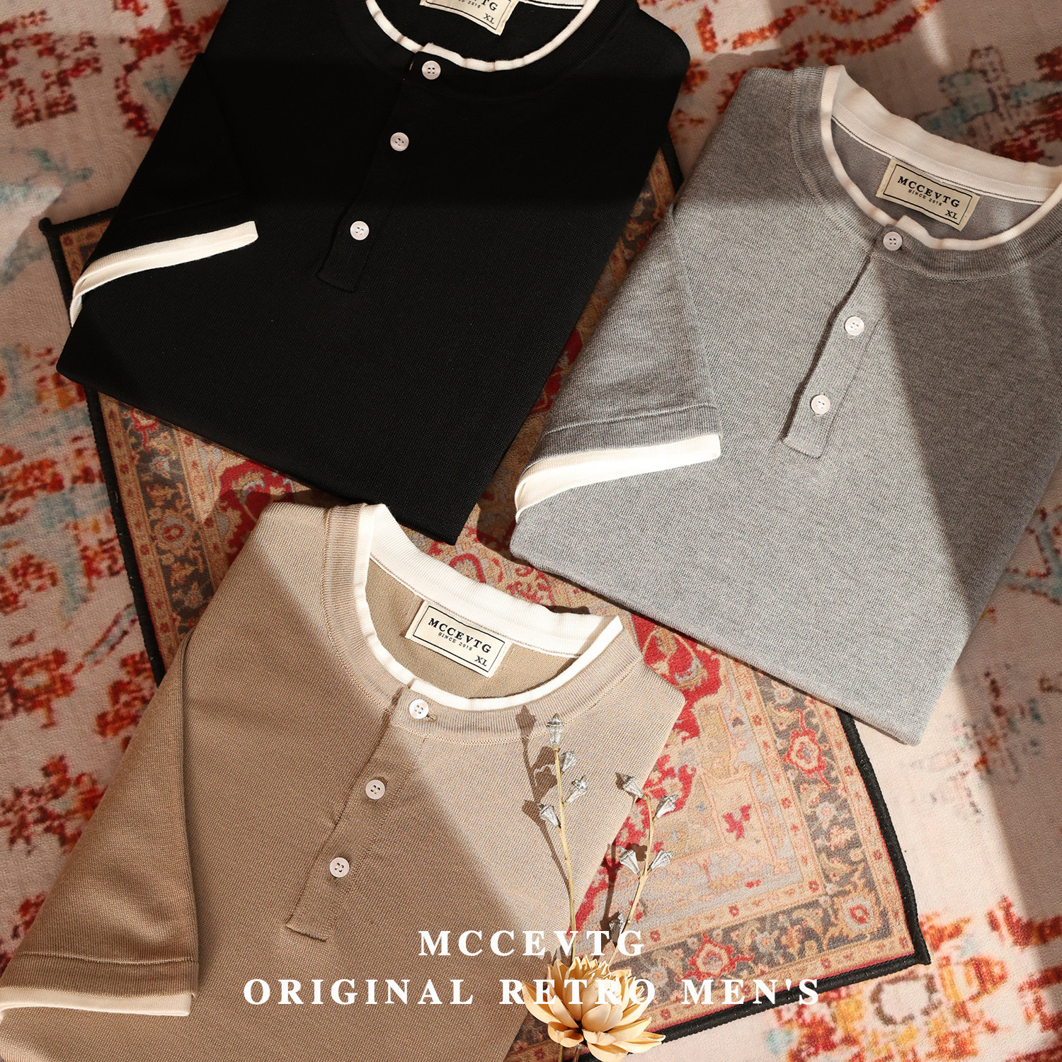 MCCEVTG意式老钱 假两件复古亨利领针织短袖T恤美式纯色休闲春夏,淘宝优惠券,粉丝福利购,淘宝优惠卷