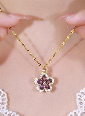 铜合金超闪镶钻紫色花朵项链