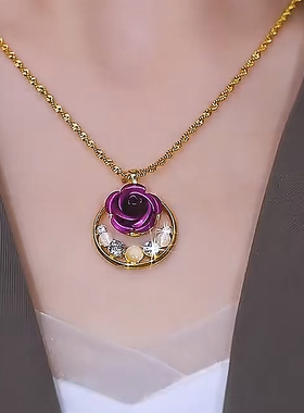 镂空圆盘猫眼石锆石立体紫色玫瑰花项链气质轻奢时尚个性独特设计