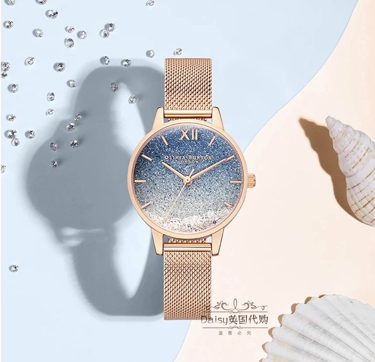 正品OliviaBurton蓝满天星水晶钻轻奢百搭女手表送女老婆520礼物 - 图1