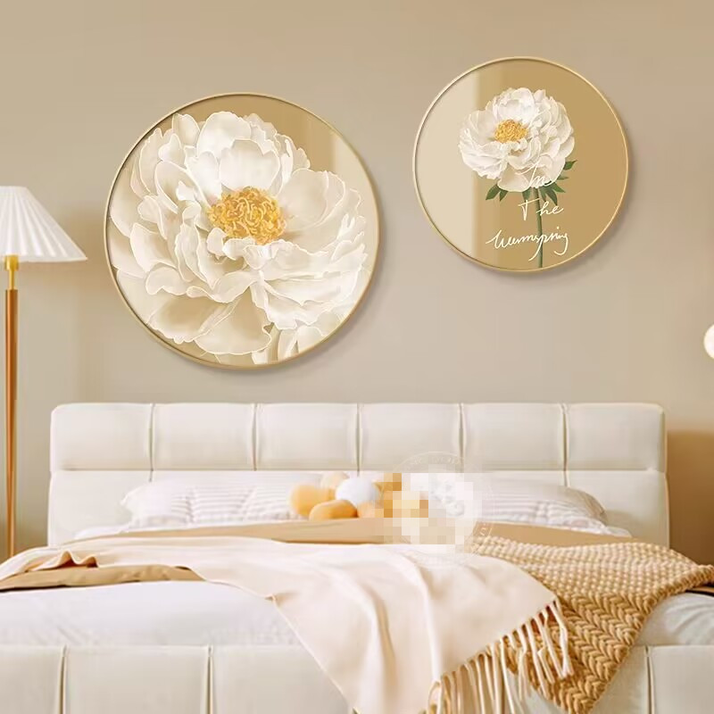 奶油风卧室装饰画高级感牡丹花床头挂画主卧墙面花卉圆形背景壁画 - 图0