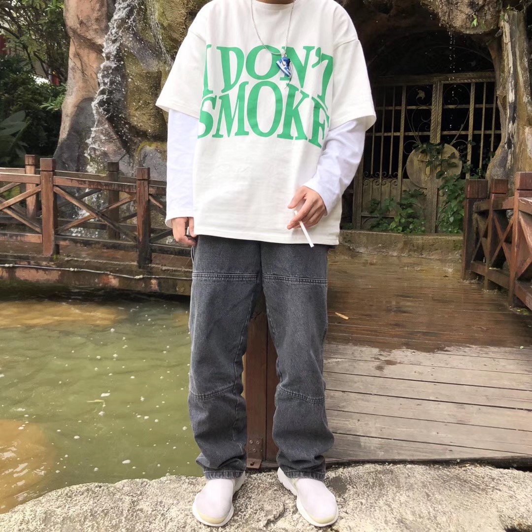 美潮鸭 DONT SMOKE 彩色印花拒绝吸烟宽松短袖男女T恤潮donsmoke - 图0