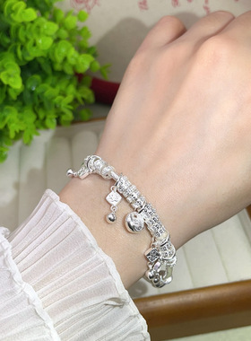 9999足银手镯女款小胖福锤纹平安喜乐流苏盘缠手环时尚高级感手饰