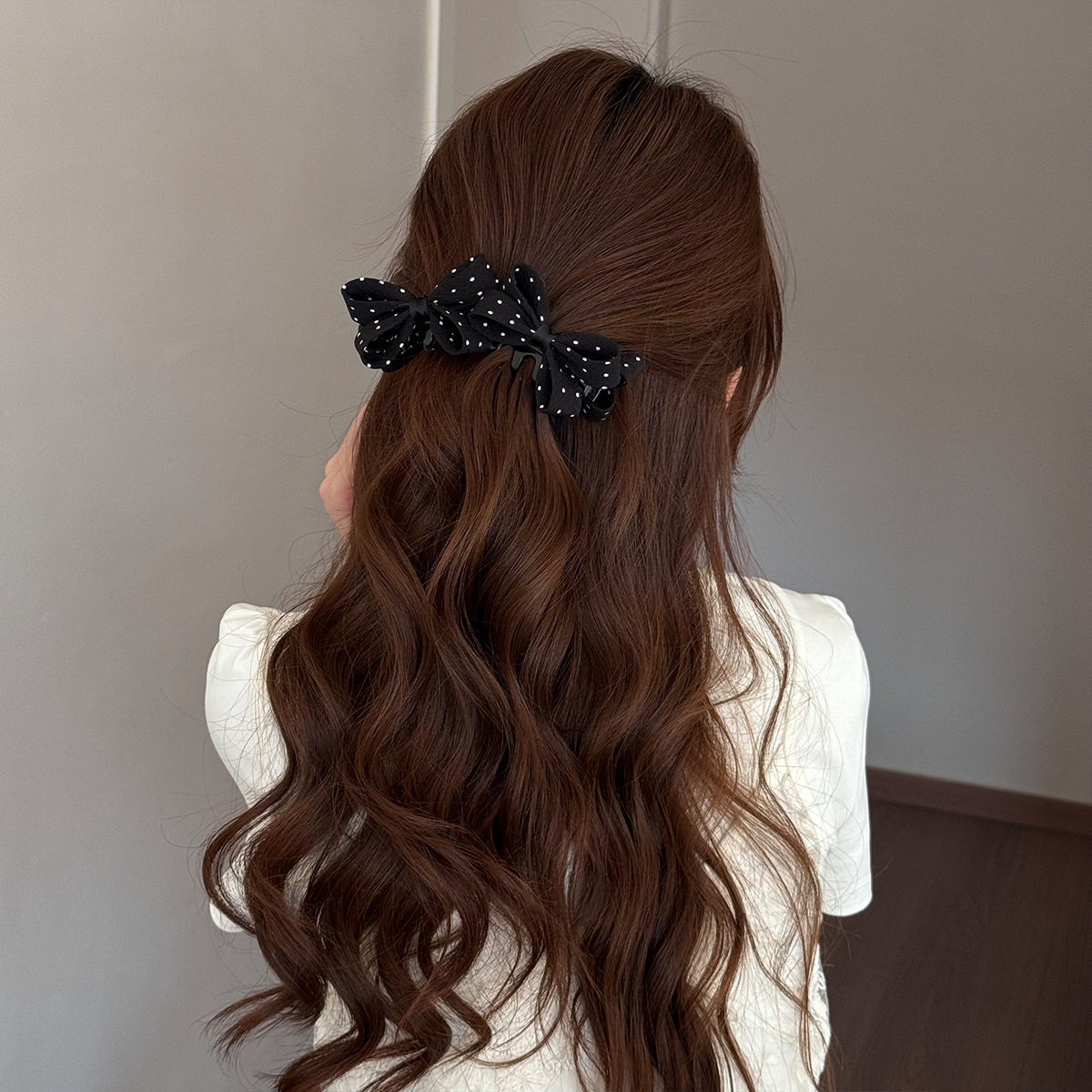 法式黑白波点蝴蝶结发夹女复古丸子头盘发抓夹气质半扎高马尾发卡,淘宝优惠券,粉丝福利购,淘宝优惠卷