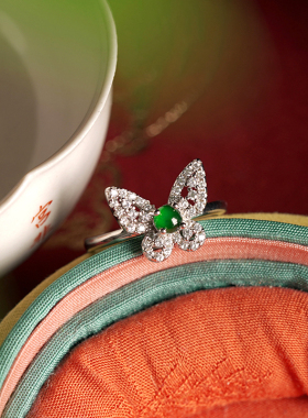 天然翡翠纯银戒指蝴蝶镶嵌锆石女