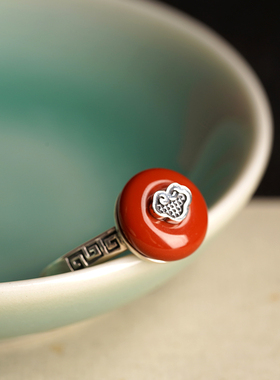 如意戒指天然南红宫非宫925纯银