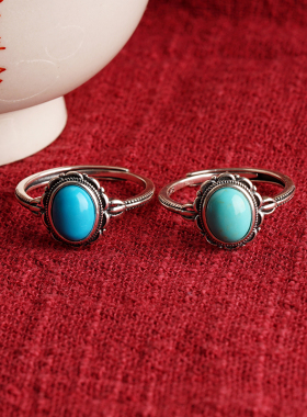 绿松石南红蛋面戒指纯银做旧异域