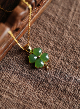和田玉四叶草吊坠纯银项链女古风