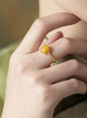 蜜蜡小方糖纯银镀金开口戒指