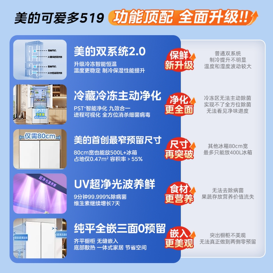 Midea 519 dual-system ultra-thin zero-embedded household cross four-door French refrigerator