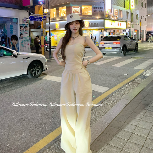 F PROJECT Beverly Hills Tubeless Wide Leg Pants suit Women's Summer Relaxing Casual Set two-piece