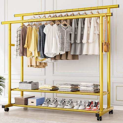 特粗特厚碳钢衣架落地立式家用卧室阳台挂衣架双排衣杆带轮晾衣架 - 图0