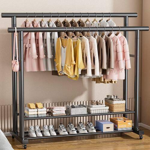 特粗特厚碳钢衣架落地立式家用卧室阳台挂衣架双排衣杆带轮晾衣架 - 图2