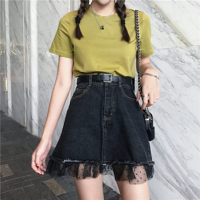 Denim skirt new style Hong Kong style mesh splicing