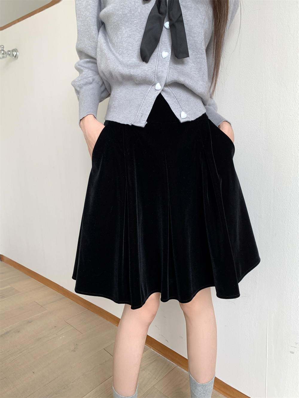 大码丝绒口袋百褶裙女中长款高腰a字裙秋冬韩版显瘦蓬蓬裙半身裙,淘宝优惠券,粉丝福利购,淘宝优惠卷