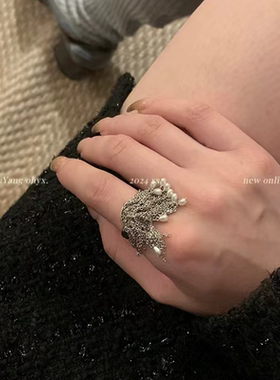 区区欧阳同款珍珠流苏开口戒指