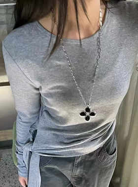 黑玛瑙花瓣吊坠项链毛衣链