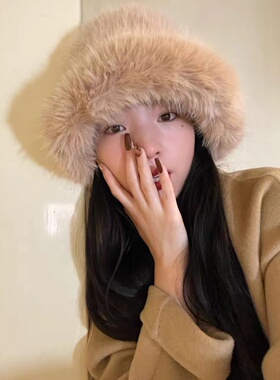 仿貂毛粉色白色氛围感毛绒渔夫帽