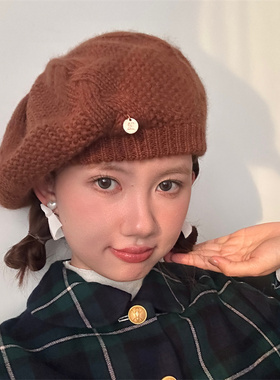 复古红色贝雷帽圣诞新年画家帽女