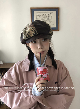 复古提花小狗皮质显脸小八角帽潮