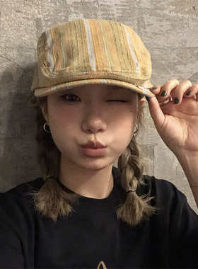 日系黄色竖条纹薄款软顶前进帽女