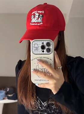 可爱狗狗刺绣鸭舌帽大红色遮阳帽