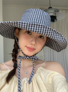 12cm大帽檐蓝色格子系带渔夫帽女