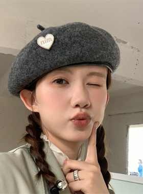 爱心皮边设计百搭气质画家帽秋冬