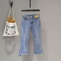 Small taller waist trumpeter pants 7 80% Pants Fashion Open Fork Denim Micro Laserpants Light Blue Summer Dress Pants Child Tide