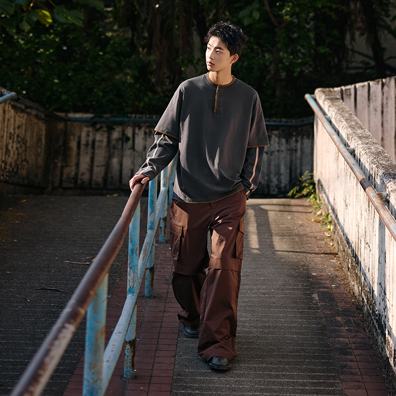 PSO Brand男装女装【假两件】磨毛棉混莱赛尔亨利领民族风长袖T恤 - 图2