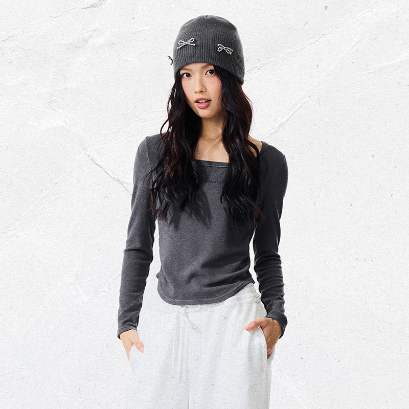 PSO Brand女装发热保暖磨毛针织刺绣方领长袖T恤打底修身上衣内搭 - 图0