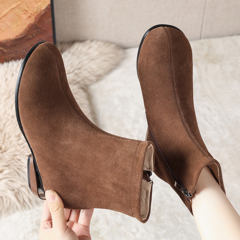 全真皮平底短靴秋冬软底妈妈鞋大码磨砂女靴中年圆头低跟加绒棉鞋,淘宝优惠券,粉丝福利购,淘宝优惠卷