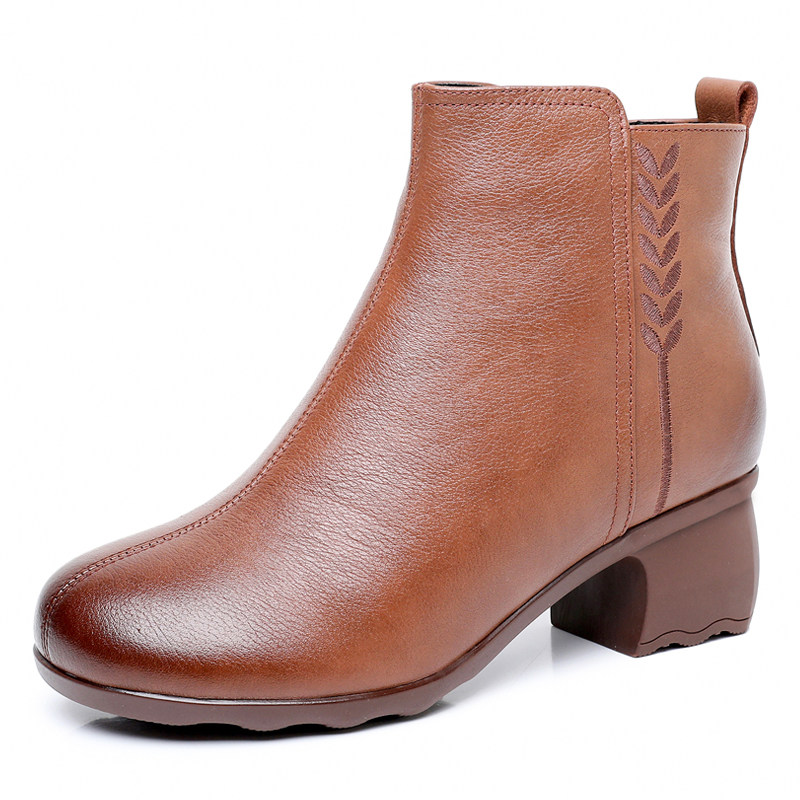 全牛皮粗跟短靴秋冬百搭软底妈妈鞋圆头棕色女靴中年真皮加绒棉鞋,淘宝优惠券,粉丝福利购,淘宝优惠卷