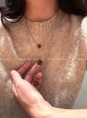 圆珠虎眼石吊坠项链女秋冬小众设计感双层简约毛衣锁骨链2025新款