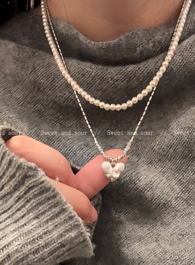 法式复古双层爱心珍珠项链女秋冬叠戴小众高级感毛衣链气质锁骨链