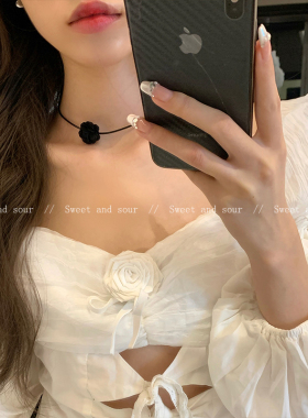 复古黑色花朵项链2023新款