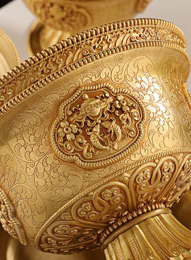 慧宝铜制八吉祥雕花供水杯摆件