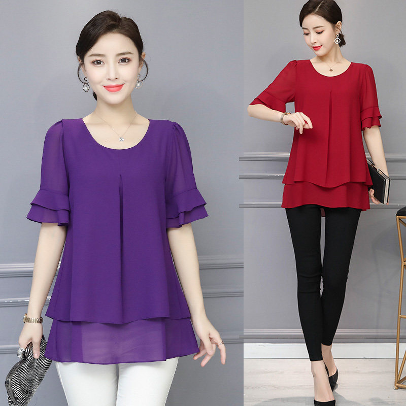 大码胖mm遮肚女短袖洋气妈妈雪纺衫 mantilisha蔓缇莉莎蕾丝衫/雪纺衫