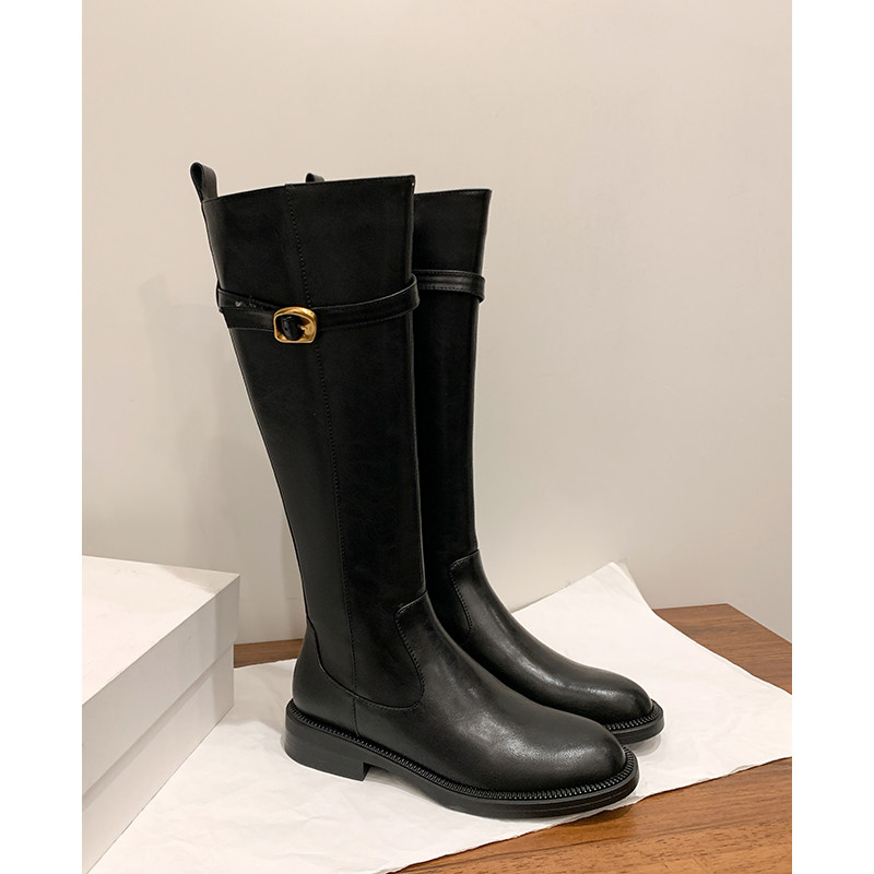 FairyWink 长腿警告～！真皮粗跟皮带扣高筒骑士靴女圆头复古长靴,淘宝优惠券,粉丝福利购,淘宝优惠卷