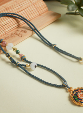 九色鹿古法沙金烧蓝吊坠毛衣链