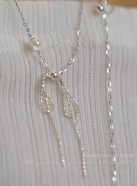 原创 闪闪蝴蝶结项链s925纯银淡水珍珠气质简约锁骨链礼物