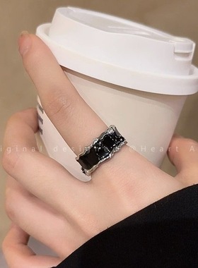 黑色滴釉开口戒指女夏ins小众高级感设计食指戒时尚个性百搭指环