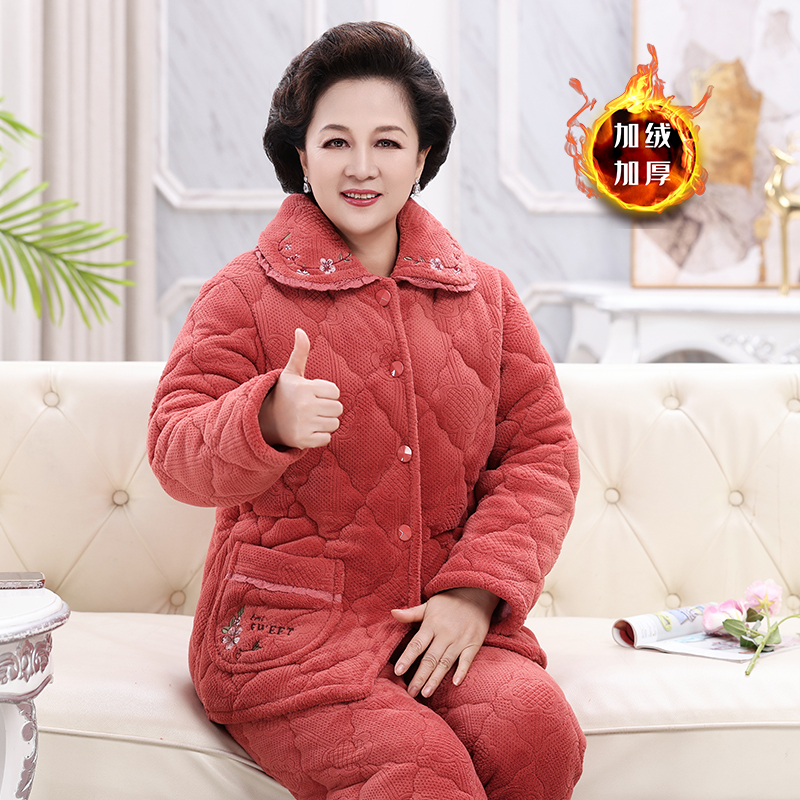 冬季棉服夹棉中老年大码睡衣女牛奶绒保暖家居加厚加绒妈妈套装 - 图1