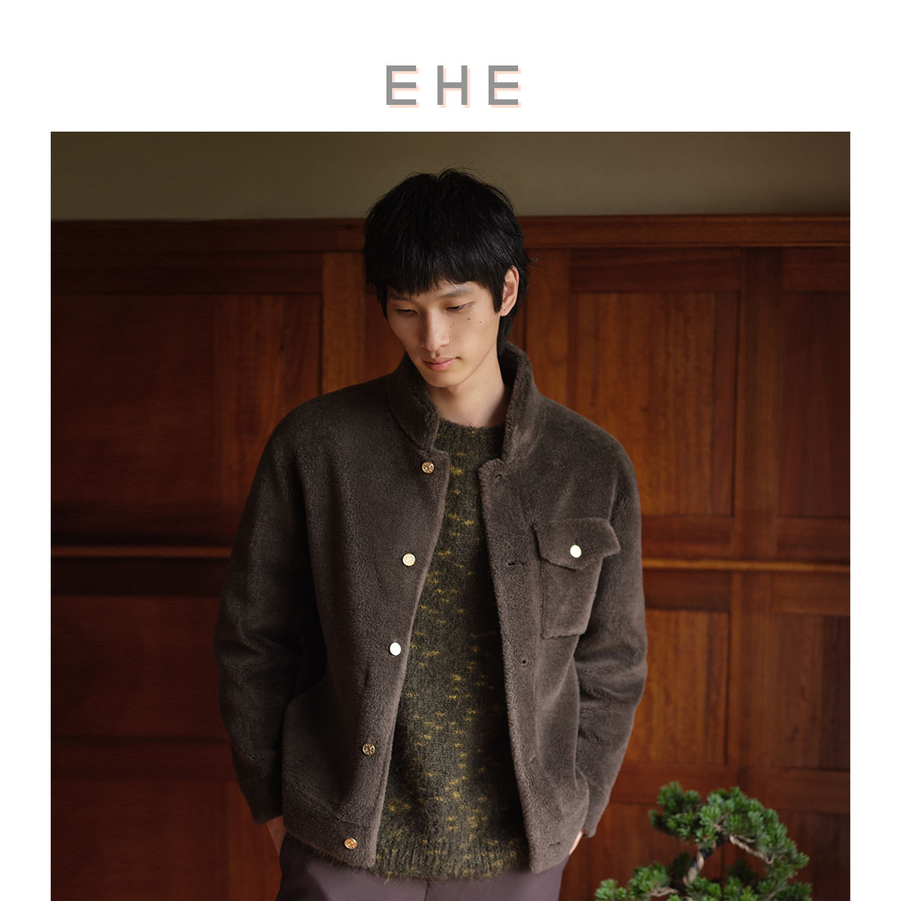 EHE男装 冬季新款100%绵羊毛多口袋设计保暖合体立领皮毛服男 - 图2