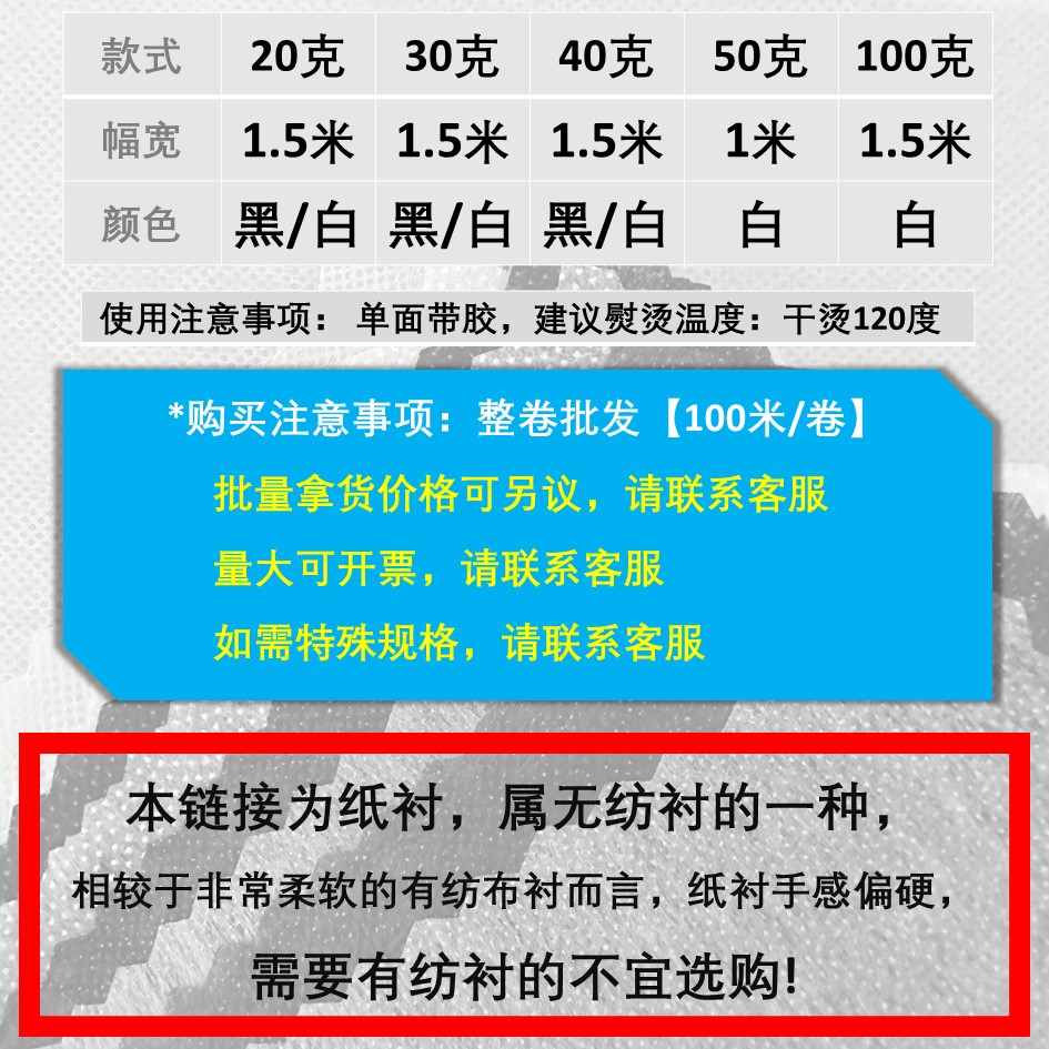 服装辅料粘合衬纸衬30g50g100g无纺衬真丝衬烫衬手工包包衬做定型 - 图0