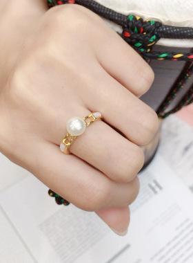 K金工艺精致贝壳天然淡水珍珠戒指18K包金迷你指环饰品白珍珠